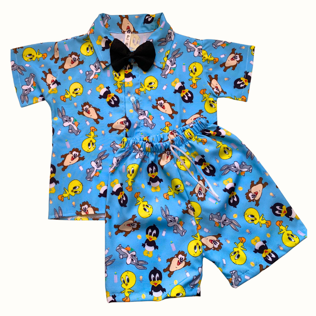 Conjunto Mauricinho Looney Tunes Baby Infantil Roupa Temática para Festa, Aniversário e Mesversário Look Social Camisa