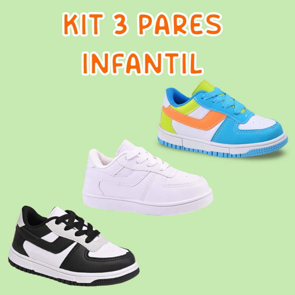 Kit 3 Tênis Infantil Versáteis Confortáveis e Estilosos em Branco Preto Azul Laranja DukKids