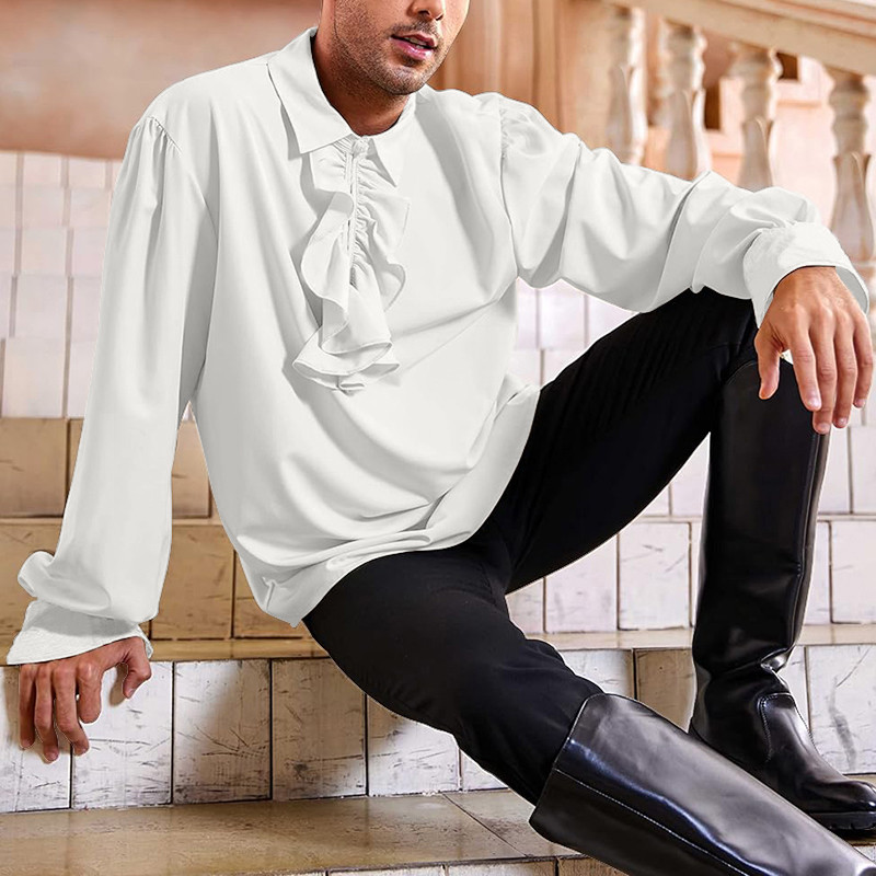 Camisa Medieval De Gola Com Babados De Renda , Top Pirata De Manga Comprida Botões Ocultos , Fantasia De Justo Renascent
