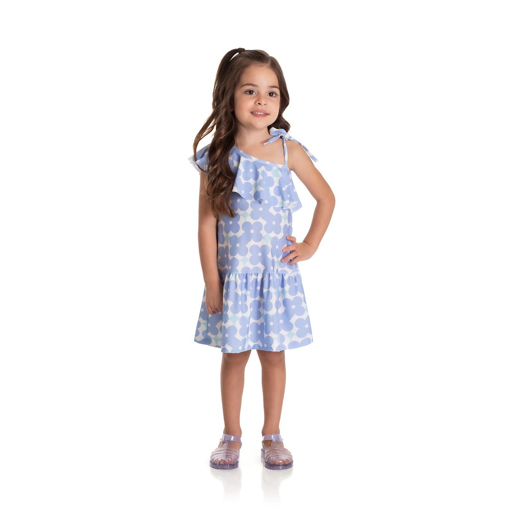 Vestido Infantil Assimétrico em Crepe Flores Azul Babado Laço Alça Florido Florzinha