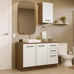 Conjunto Gabinete para Banheiro 120cm 3 Portas 3 Gavetas Rustic/Branco Agata Madesa 01