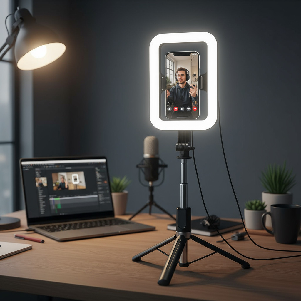 Luminária Ring Light + Tripé | Suporte Celular LED para Live, Selfie e Vídeos