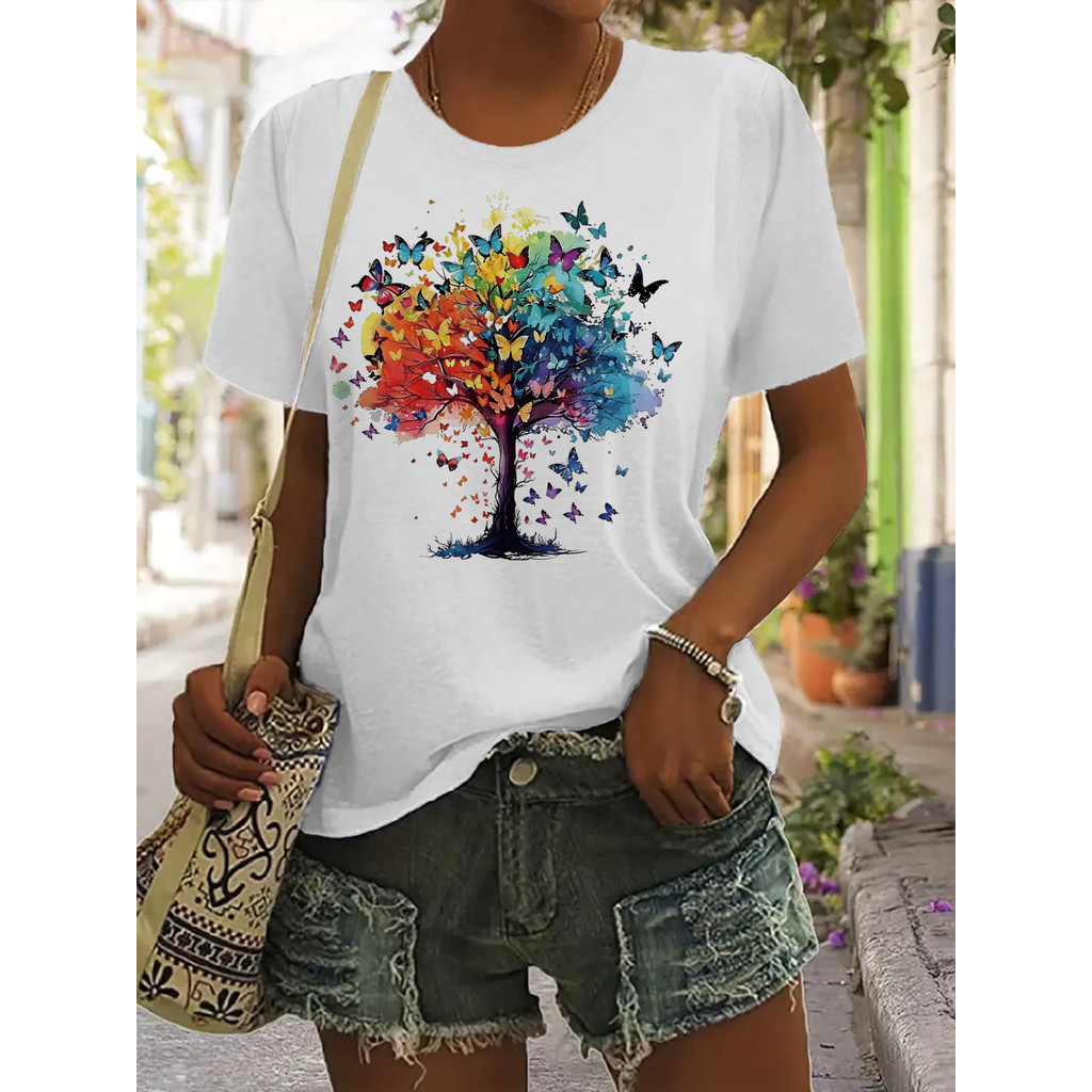 Camiseta Feminina Árvore Borboletas Coloridas Estampa Vibrante Linda Confortável Estilosa Moda Verão