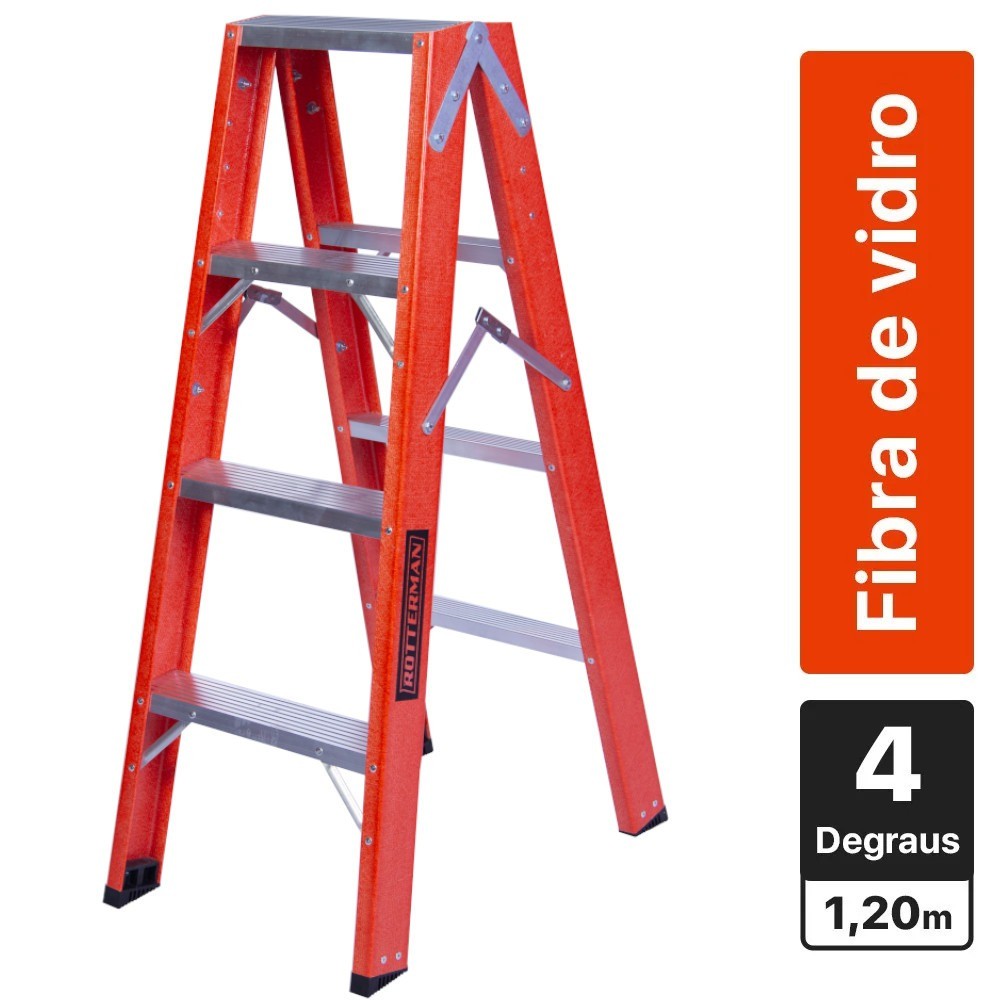 Escada de fibra de vidro 4 degraus 1,20 m modelo americana dupla - ESC04120  - Rotterman