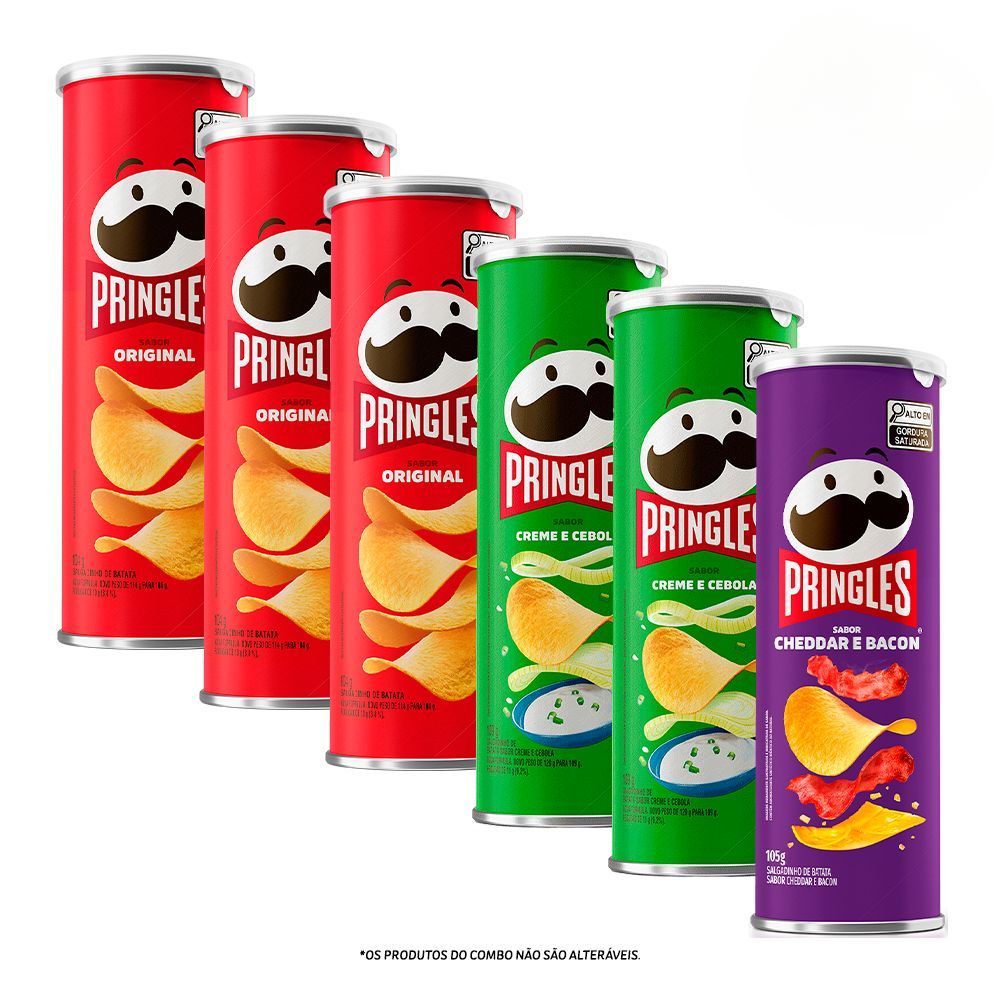 Combo Pringles Creme e Cebola 2 unid + Pringles Original 3 unid + Pringles Cheddar e Bacon 1 unid