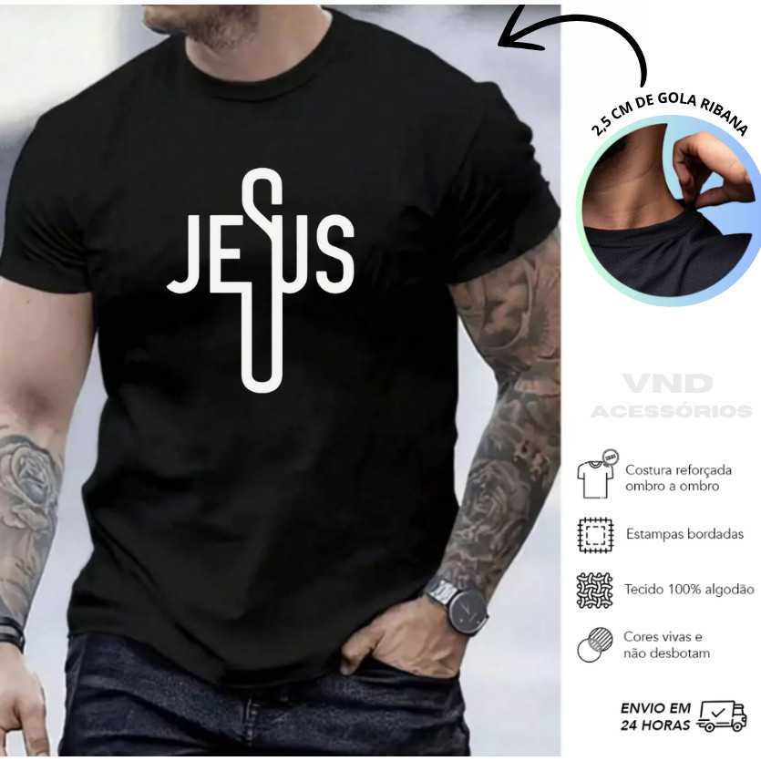 Camiseta Masculina JESUS Estampa Camisa Estampada 100% algodão Malha 30.1 T-Shirt Religiosa Cristo
