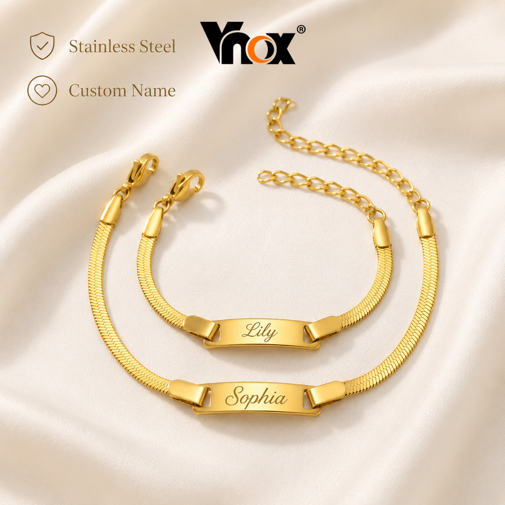 Pulseira De Placa De Identificação Com Corrente De Lâmina De Nome De Aço Inoxidável Personalizada Vnox Para Mulheres Uni