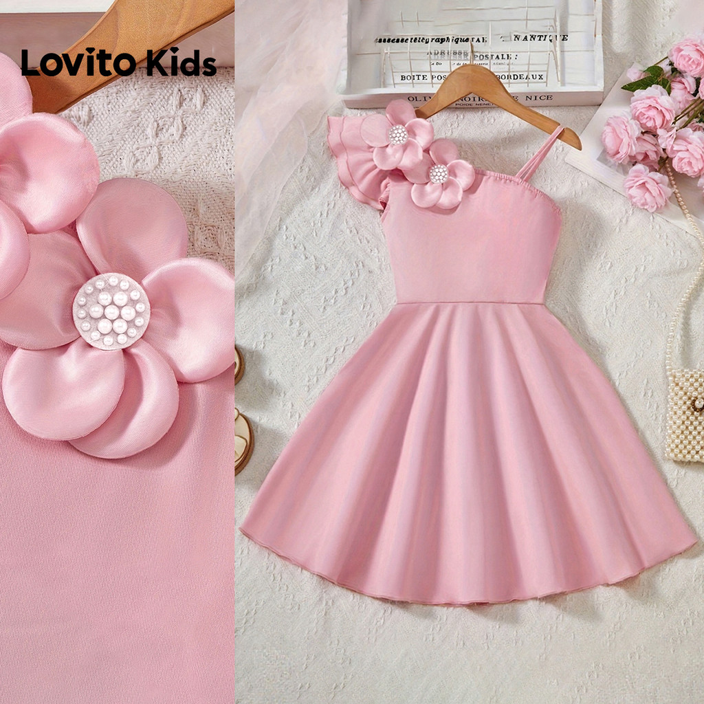 Lovito Festa Elegante Vestido Feminino Infantil Apliques Babados Rosa Menina Formaturas Aniversário Primavera/verão L174LD140
