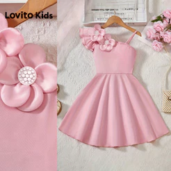 Lovito Festa Elegante Vestido Feminino Infantil Apliques Babados Rosa Menina Formaturas Aniversário Primavera/verão L174LD140
