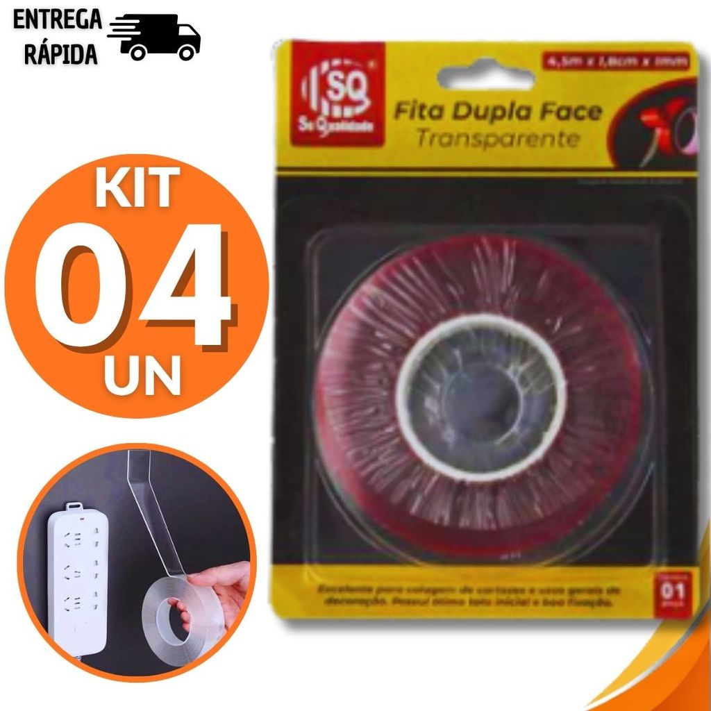 Conjunto Fita Dupla Face Transparente 4,5m x 1,8cm x 1mm Artesanato Quadros Multiuso Utilidades