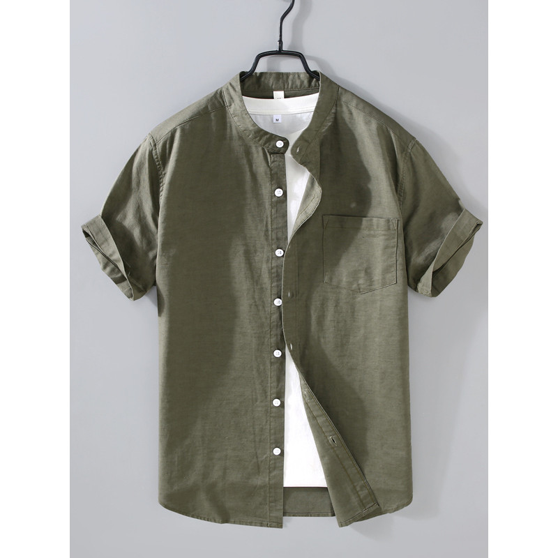Juventude Casual cor sólida linho gola alta camisa de manga curta linho masculino respirável confortável algodão camisa 