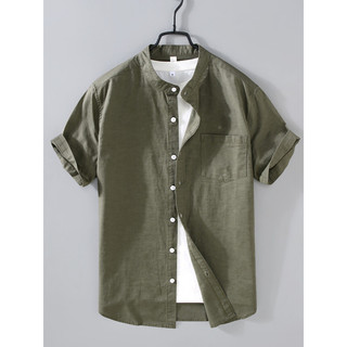 Juventude Casual cor sólida linho gola alta camisa de manga curta linho masculino respirável confortável algodão camisa 