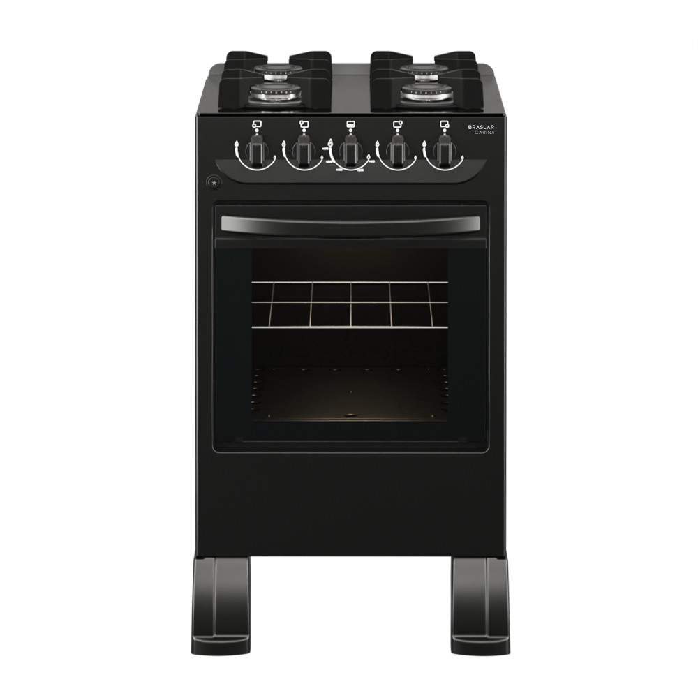 Fogão 4 Bocas Braslar Carina Automático Mesa de Vidro Forno Easy Clean Preto