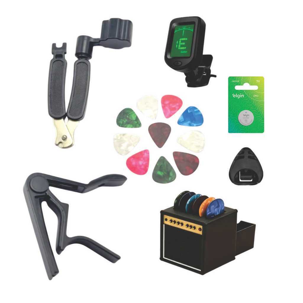 Kit Violão Completo Afinador Digital + Capotraste + Enrolador De Corda + Porta Palhetas Mini Amp 3D + 10 Palhetas