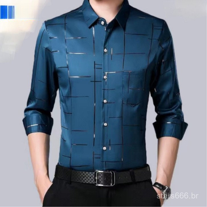 Camisa De Moda Masculina Xadrez Manga Comprida Casual Listrada Trabalho Formal Impresso