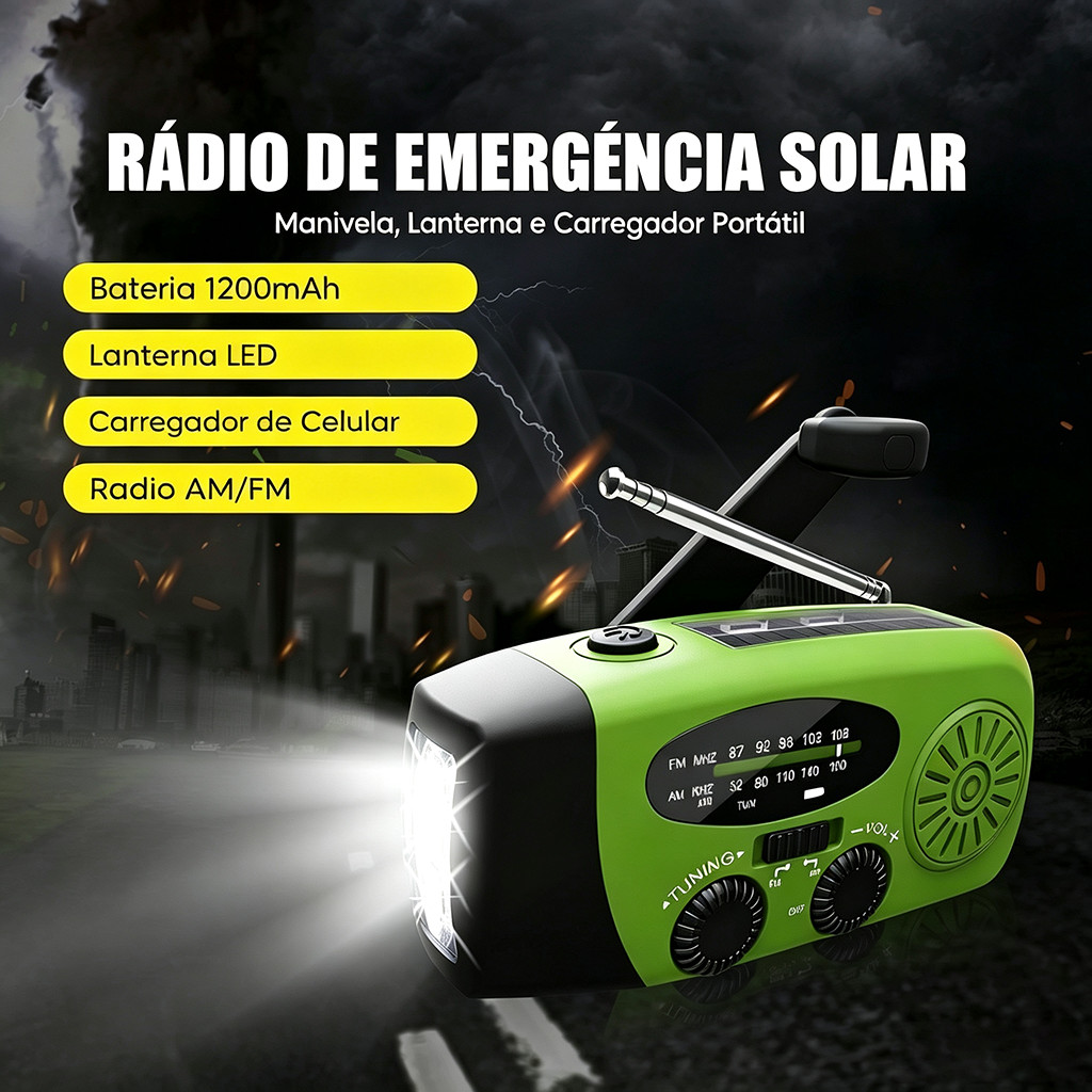 Rádio de Emergência com Manivela e Solar 1200mAh - Lanterna com 3 Luzes LED para Emergência