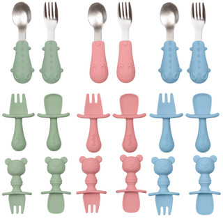 Kit Talheres Buba Aço Inoxidável e Silicone Infantil Colher Garfo Refeição Introdução Alimentar Bebê
