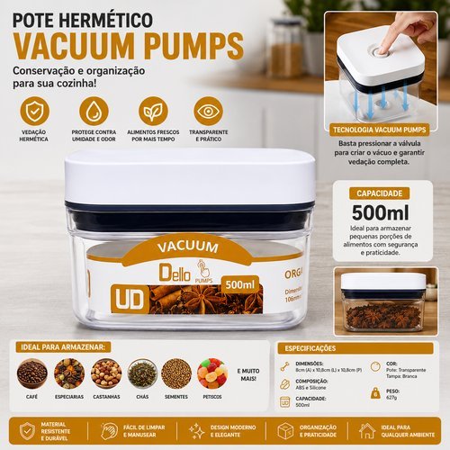 Pote Hermético Retangular Pumps 500ml Organizador de Alimentos Mantimentos Recipiente Café Açúcar