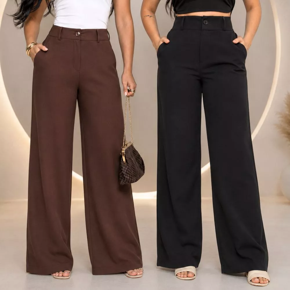 Calça Pantalona Feminina Alfaiataria Cintura Alta Wide Leg Social Elegante Com Bolso Premium — imagem 1