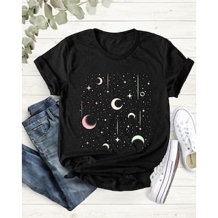 Camiseta Feminina Estampa Células Celestes Estrelas e Meias Lunas Confortável Linda Estilosa Moda Feminina Casual