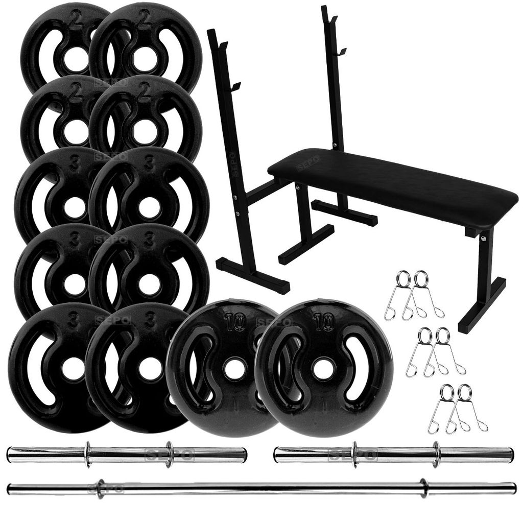 Kit Completo 50Kg Anilhas Emborrachadas Pretas com Barras + Banco para Supino