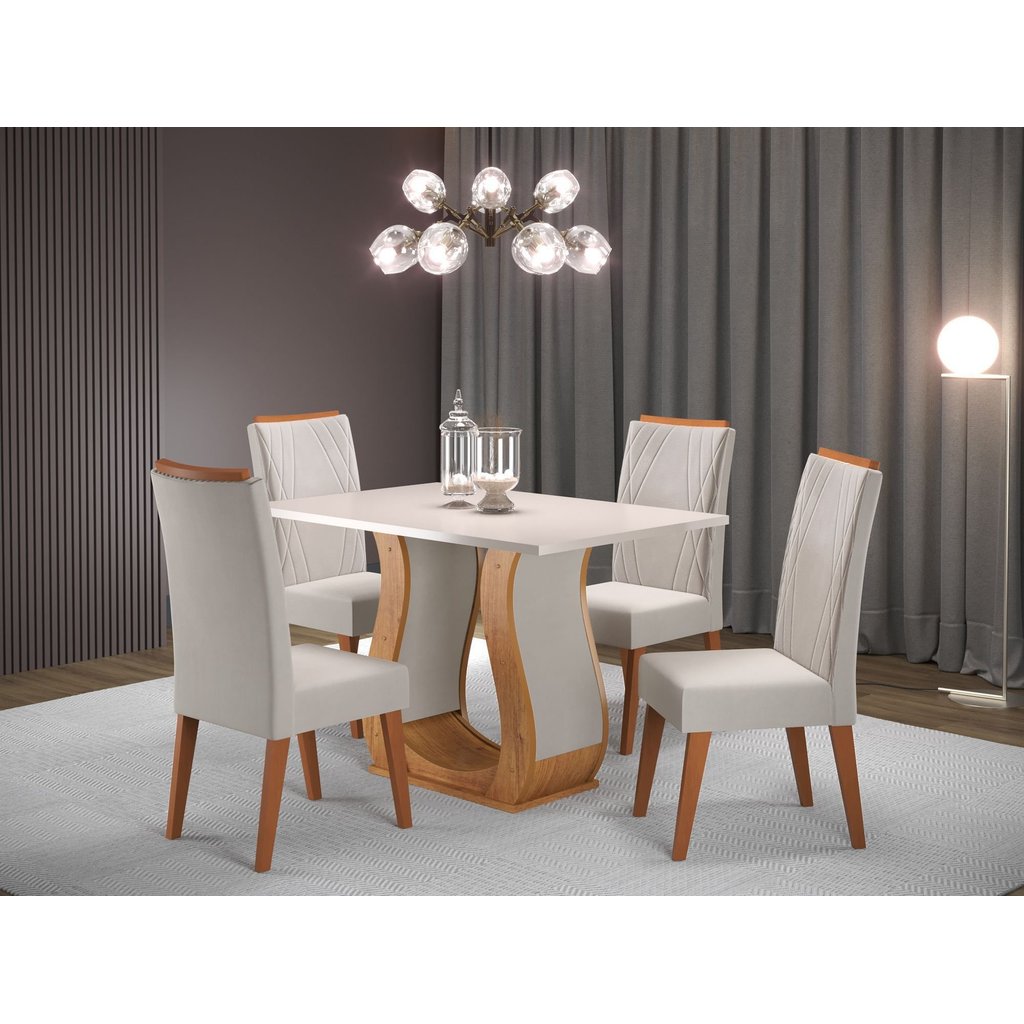 Mesa de Jantar Retangular Nubia com 4 Cadeiras Madeira Maciça Vegas Yescasa Mel/Blonde/Marfim Mel/Blonde/Marfim