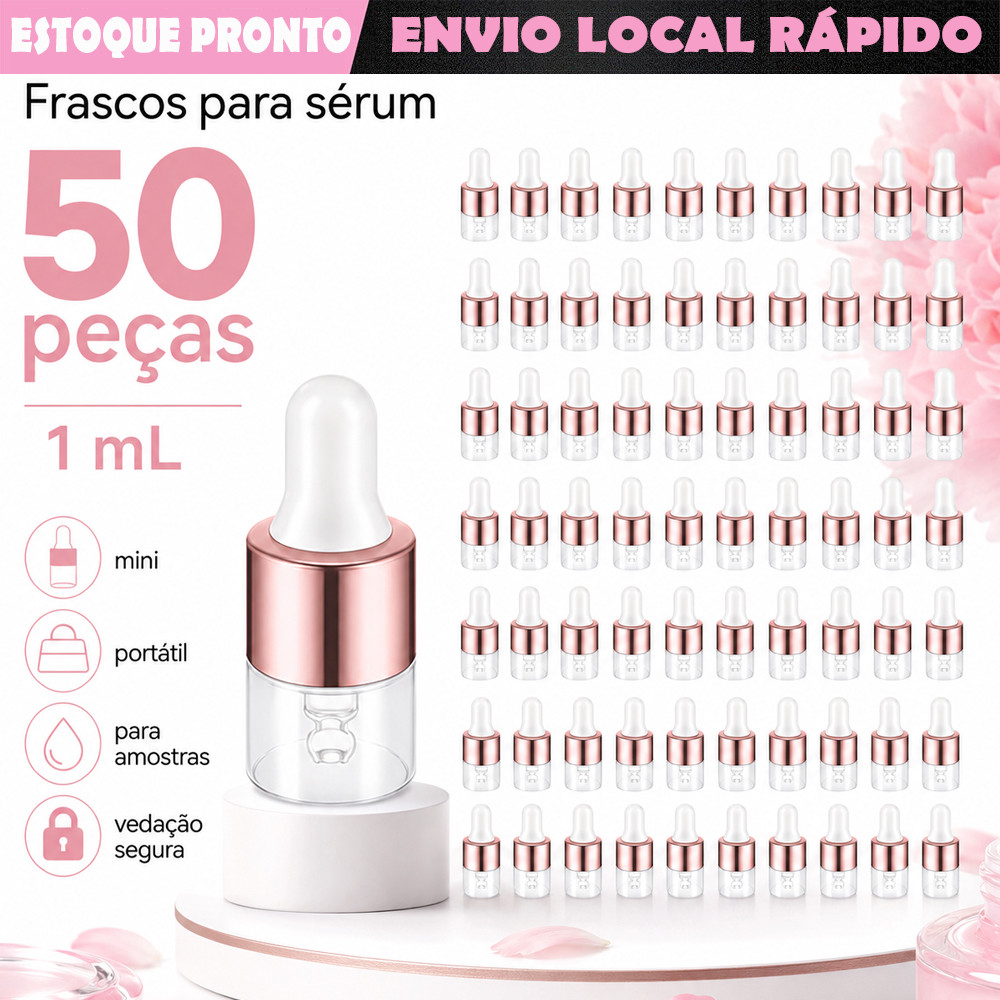 Frascos Portáteis de Vidro 1mL Rosé Dourado 50 Peças para Perfumaria, Maquiagem, Essências, Amostras e Uso Profissional