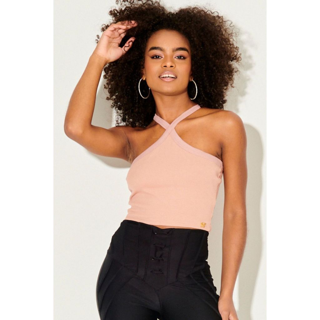 Cropped Feminino Liso Alça Cruzada Planet Girls Bege Médio