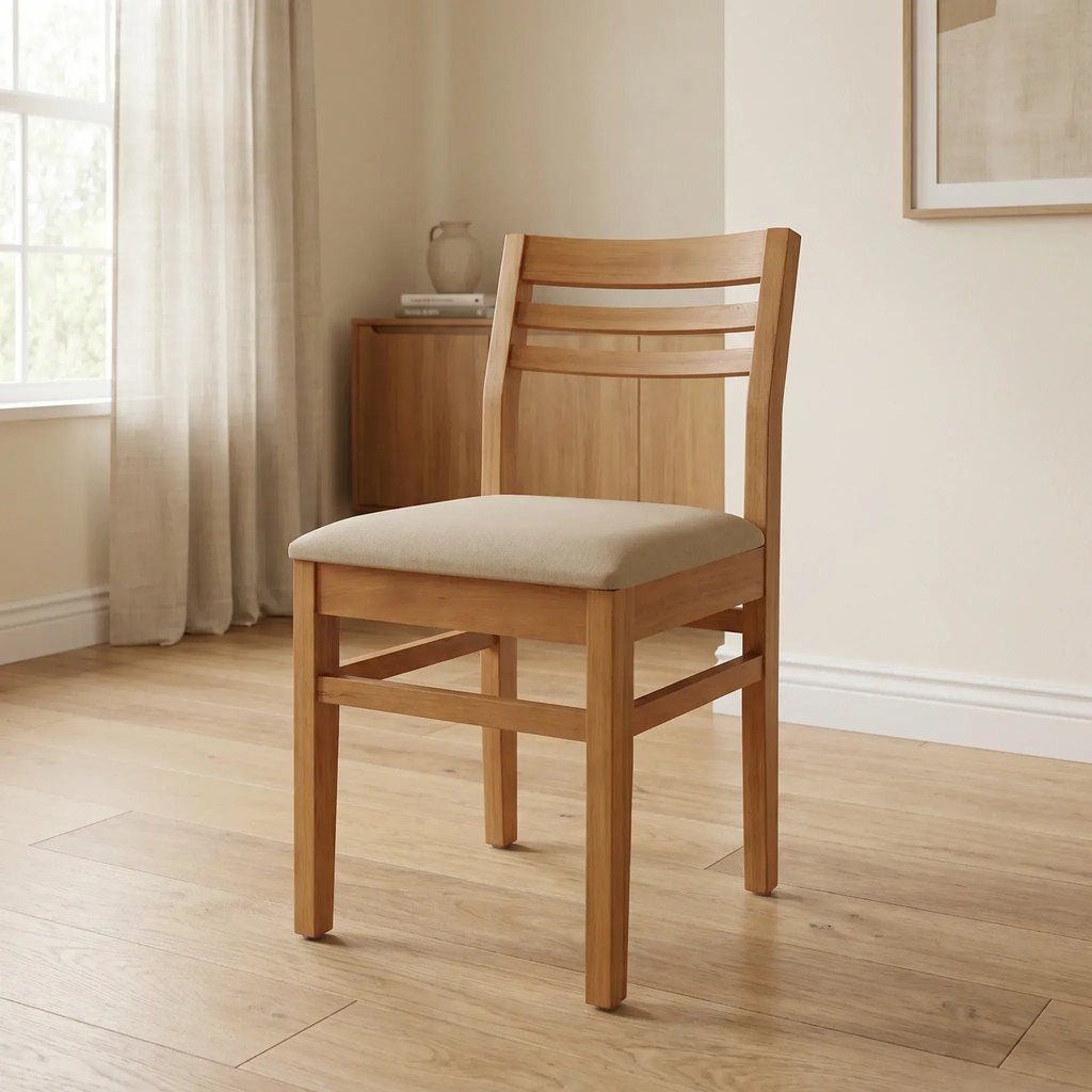 Cadeira para Sala de Jantar Estofada em Madeira Maciça Diamante Natural e Bege Marrom Natural/Bege