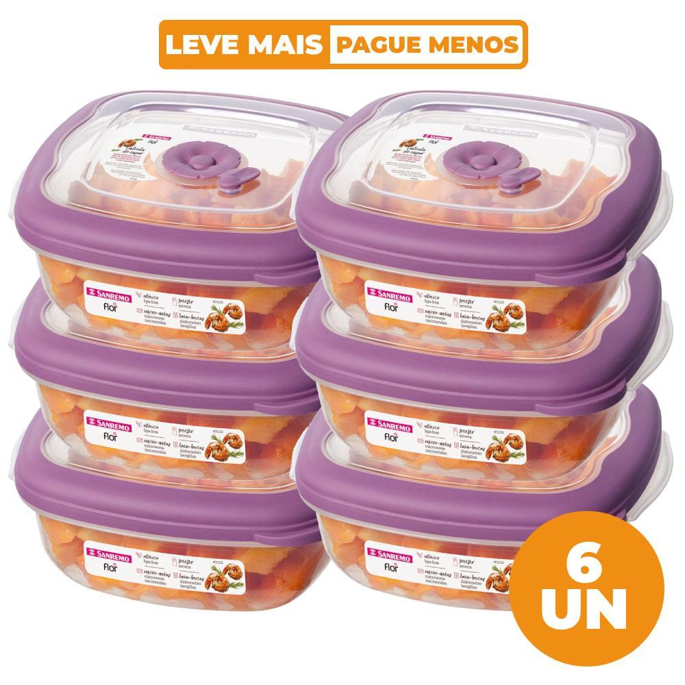 Kit 6 Potes Plásticos Quadrados Herméticos Açaí 920ml Flor Sanremo