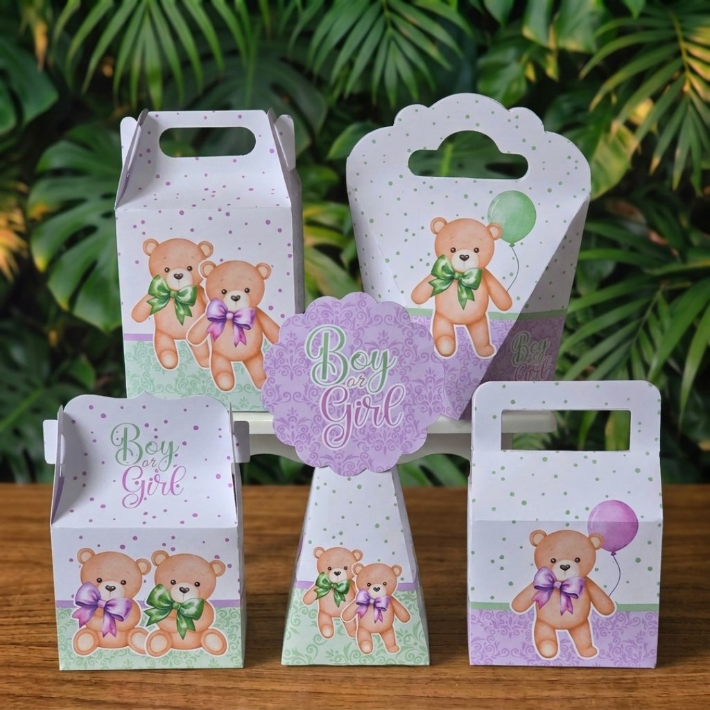 Kit Festa Caixinhas REVELAÇÃO LILÁS E VERDE lembrancinhas personalizadas para aniversario infantil decoração mimos
