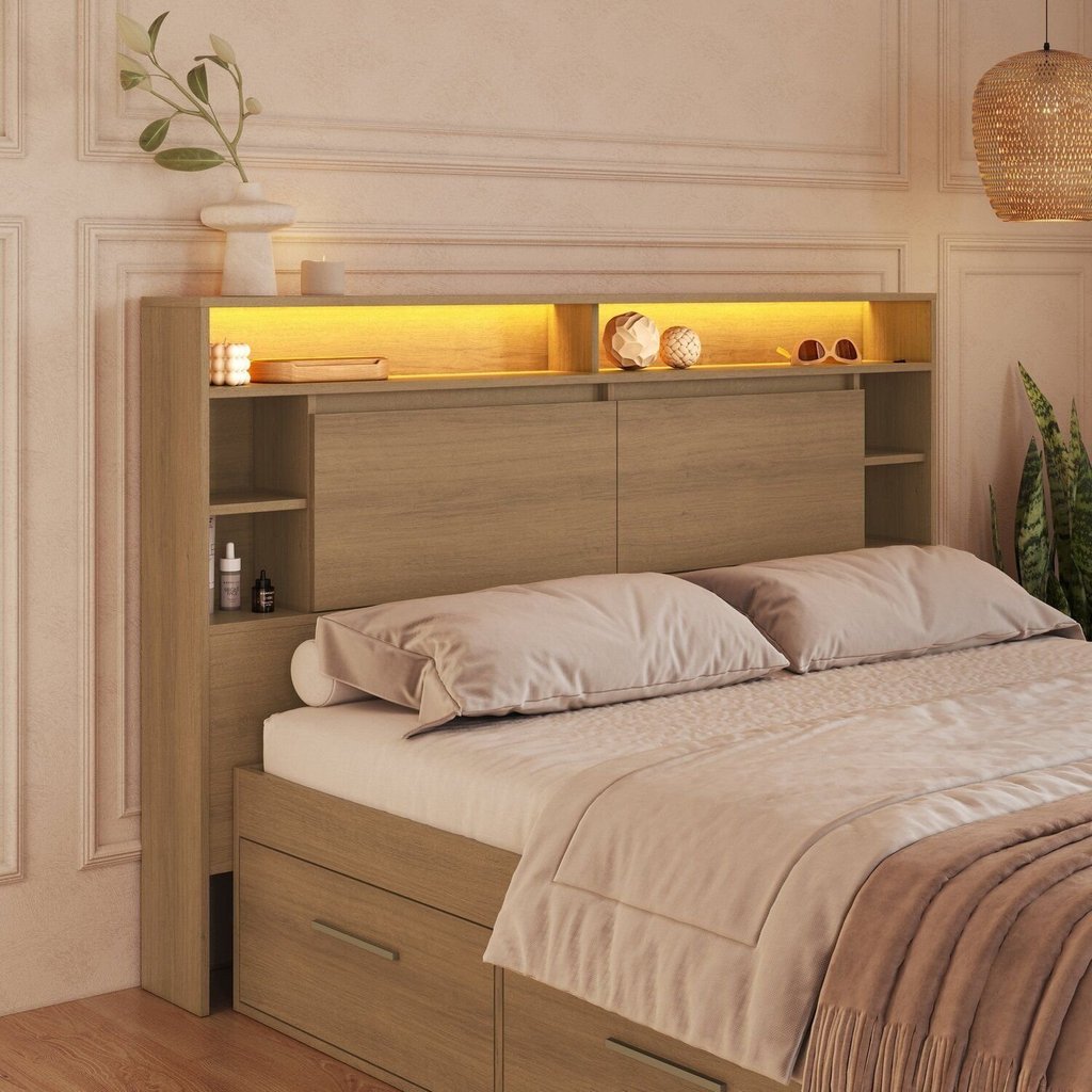 Cabeceira Casal e Queen com LED e Organizador Genebra Mel