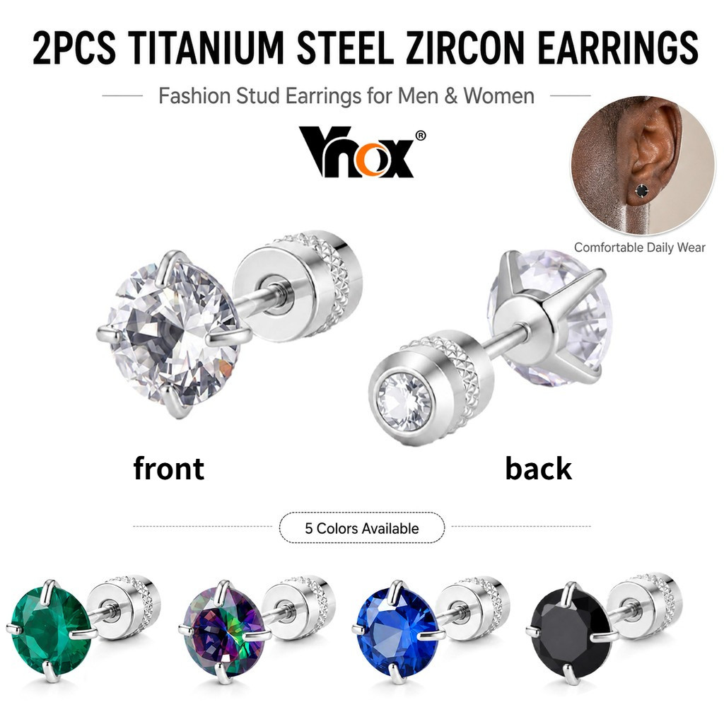 Vnox 2 Peças De Brincos De Zircônia De Aço Inoxidável , Para Homens E Mulheres Piercing Hipoalergênicos
