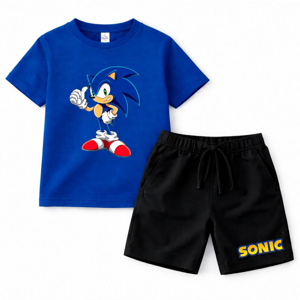 Conjunto Infantil Estampado Sonic Personagem Desenho Camisa e Bermuda 100% Algodão