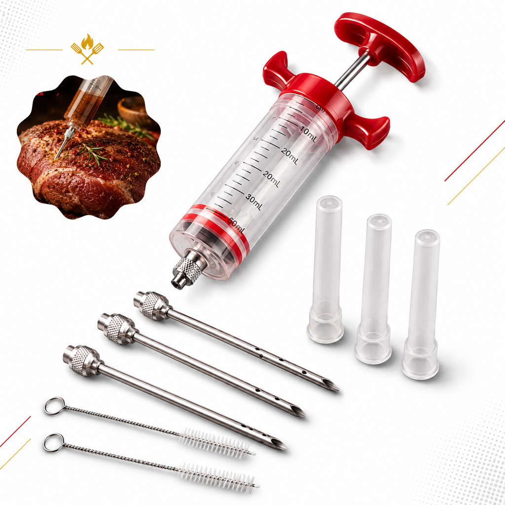 Injetor de Temperos para Carnes 60ml com 3 Agulhas Inox Marinada Churrasco Profissional