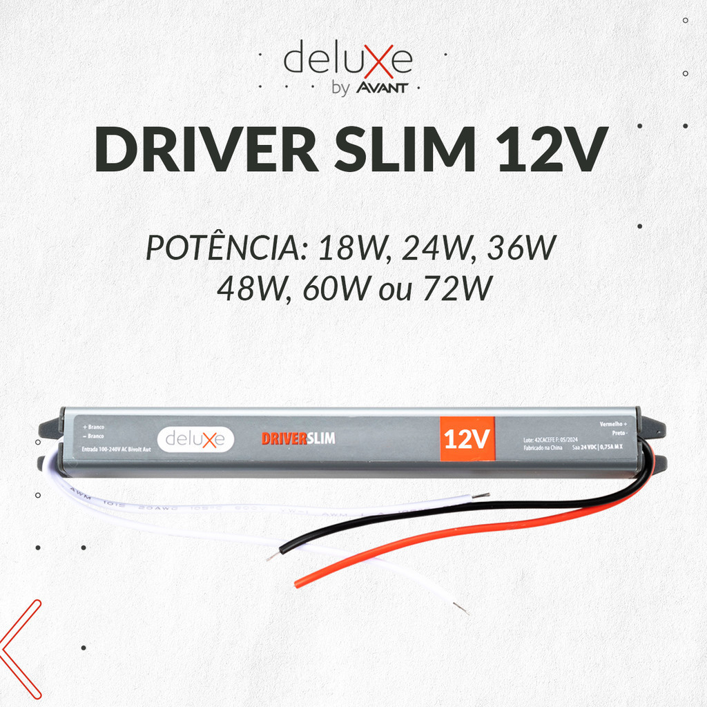 Driver Led Fonte Slim 12V 18w, 24w, 36w, 48w, 60w ou 72w Bivolt 110v/220v Deluxe