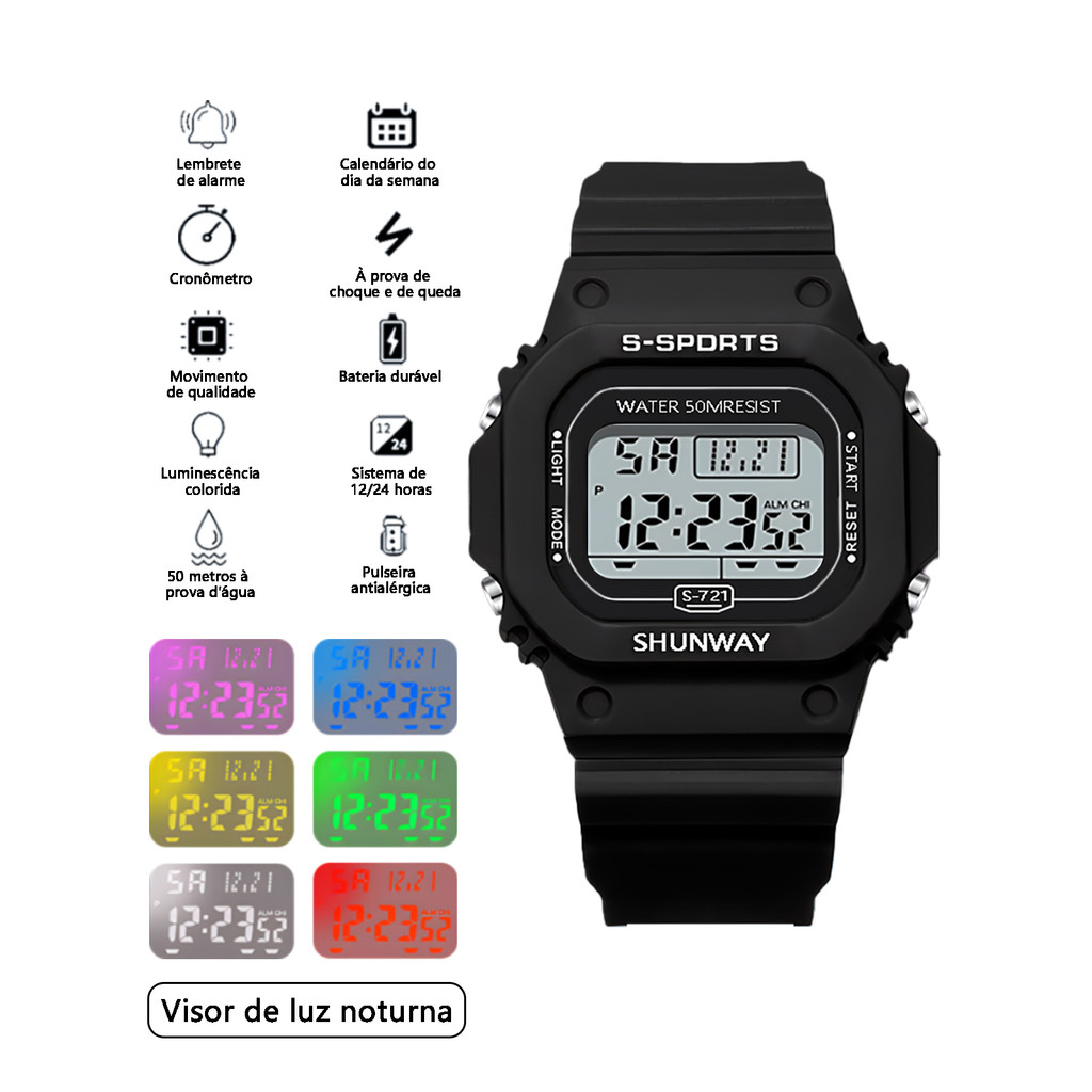 Relógio de Pulso Digital com Luz LED – Resistente à Água 50M