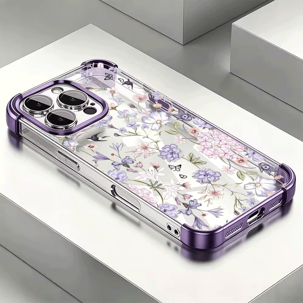 Capa Para Samsung Galaxy S26 S25 FE S26 Ultra S24 S23 S22 S21 S25 Plus 5G Flores Roxas Transparente Galvanizado Caixa De