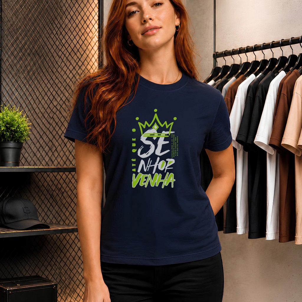 Camiseta Feminina 100% Algodão Estampa Fé Até Que o Senhor Venha Gola Redonda Fio 30.1 Básica Cristã Confortável