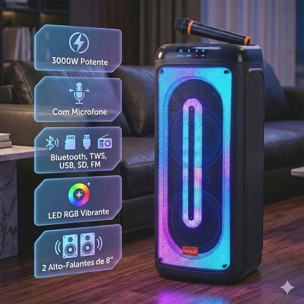 Caixa De Som Torre 3000w Profissional Bluetooth + Microfone Karaokê  Potente Portátil Tws Led Rgb