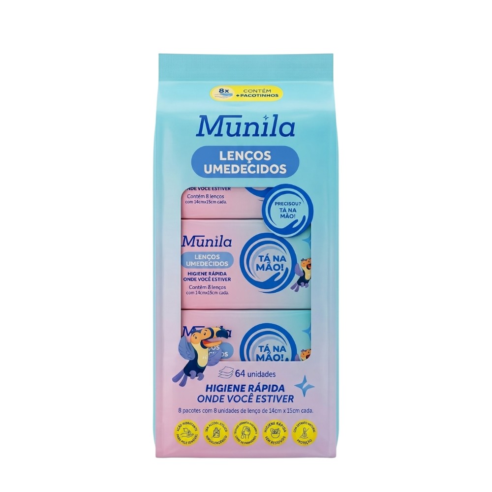 Lenço Umedecido Higiene Mão Rosto Prático Sem Álcool Munila