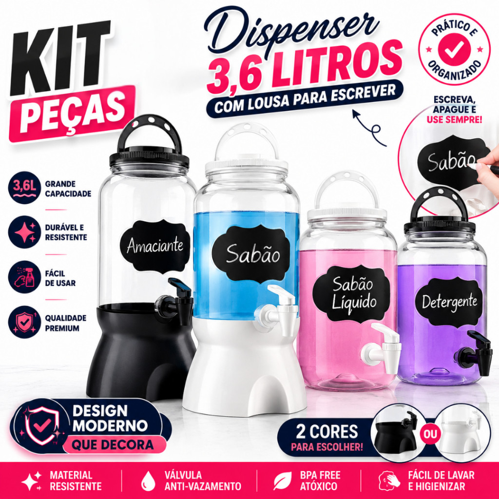 Kit Porta Sabão em Pó, Líquido e Amaciante 3,6 L com Lousa para Escrever
