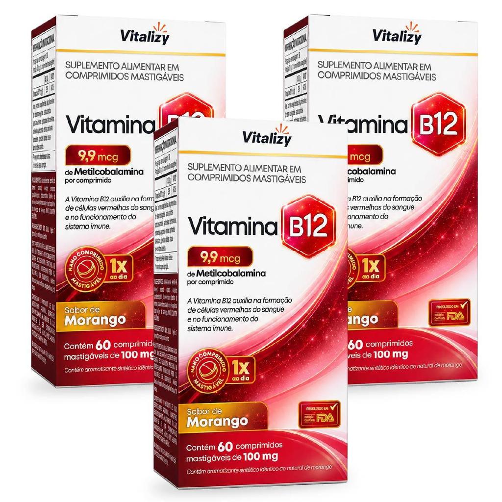 Kit 3x60 Comprimidos Vitamina B12 Metilcobalamina Mastigáveis Sabor Morango Alto Teor Zero Açúcar Original Vitalizy