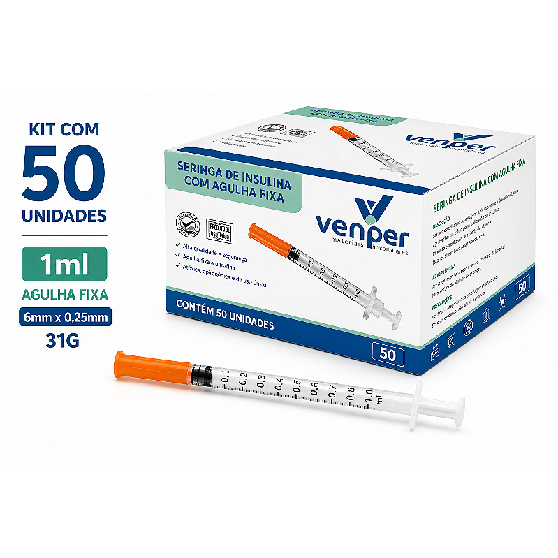 Kit C/50 Seringas de Insulina Agulha Fixa 6mm x 0,25mm 31g 1ml (100UI) - Venper