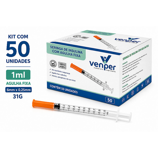 Kit C/50 Seringas de Insulina Agulha Fixa 6mm x 0,25mm 31g 1ml (100UI) - Venper