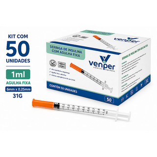 Kit C/50 Seringas de Insulina Agulha Fixa 6mm x 0,25mm 31g 1ml (100UI) - Venper