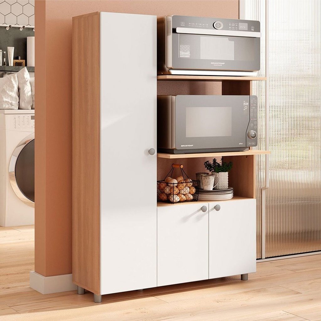 Armário Balcão para Forno e Micro-Ondas 3 Portas Âmbar Branco/Freijó Branco/Freijó