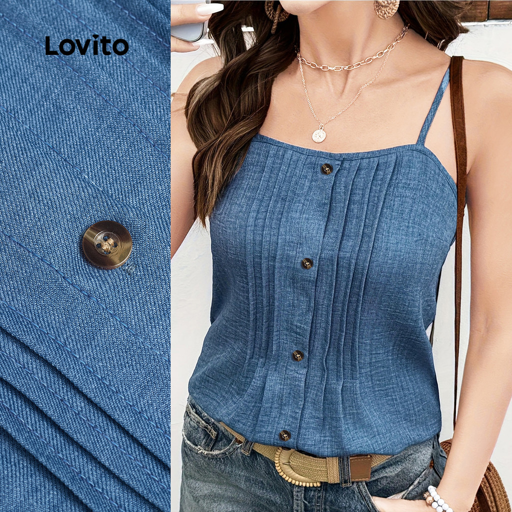 (New Arrival) Lovito Blusa Casual com Botões Pregas e Azul para Mulheres primave