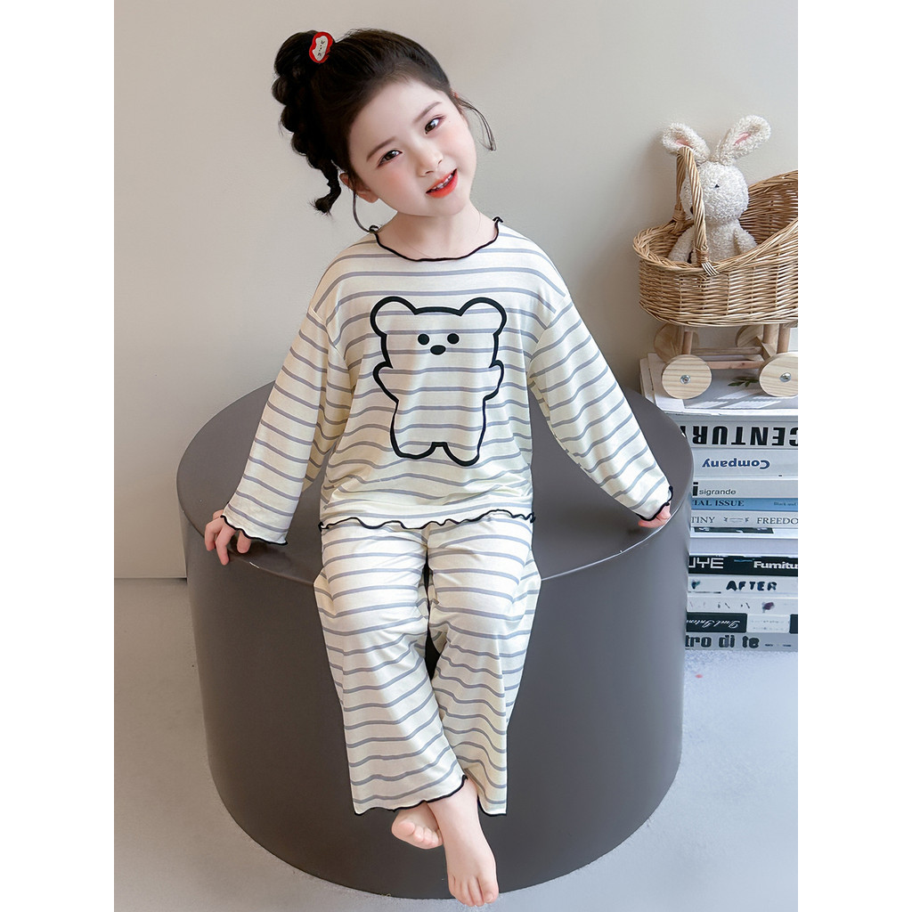 Primavera verão estilo fino pijamas para meninas crianças de manga comprida Modal terno bebê menina estilo ocidental lis