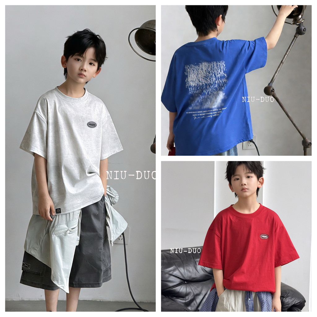 Niu Duoduo 2026 Verão Novo Estilo Meninos Meninas Puro Algodão Camisetas de Manga Curta Médio Grande Crianças Crianças R